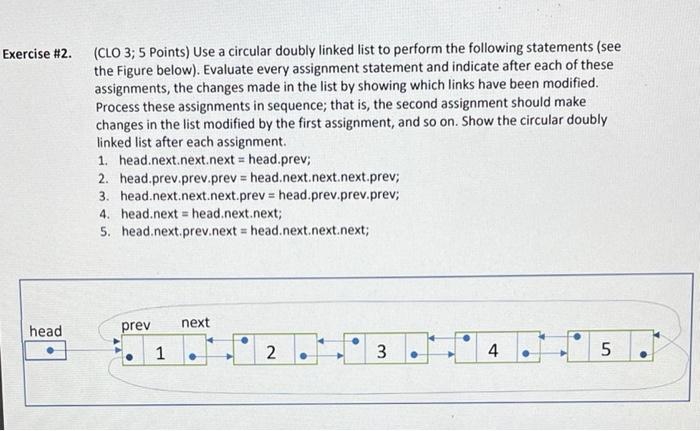 Exercise #2. (CLO 3; 5 Points) Use a circular doubly linked