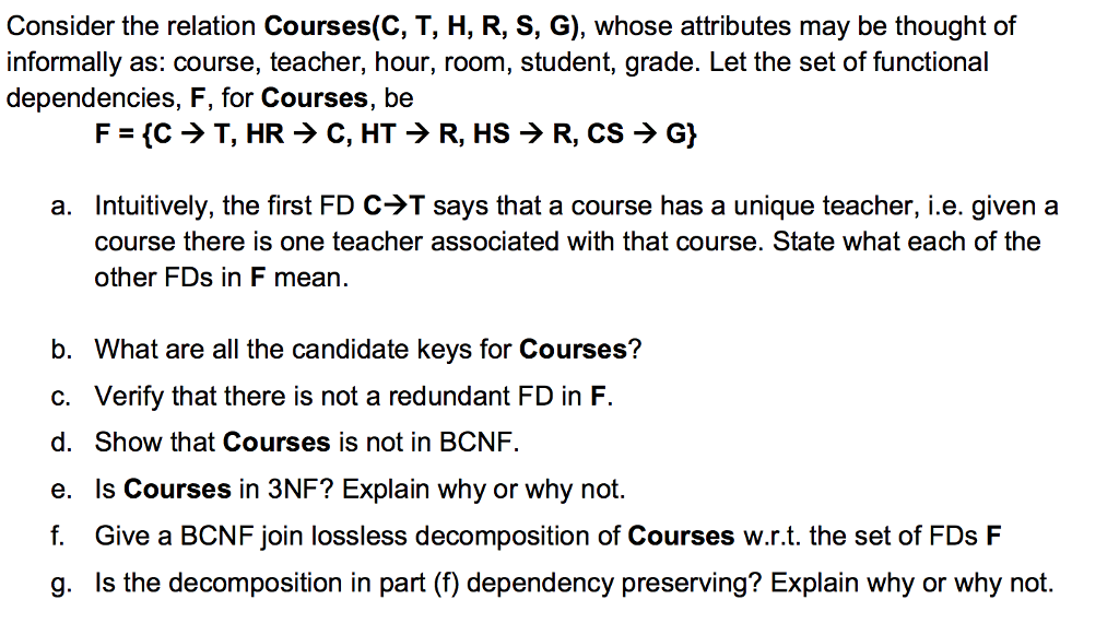 Consider the relation Courses(C, T, H, R, S, G), whose attributes may