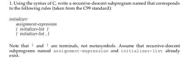 1. Using the syntax of C, write a recursive-descent subprogram named