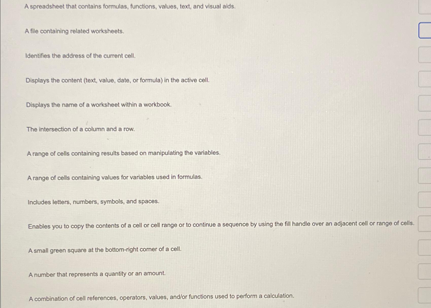  A spreadsheet that contains formulas, functions, values, text, and visual aids.