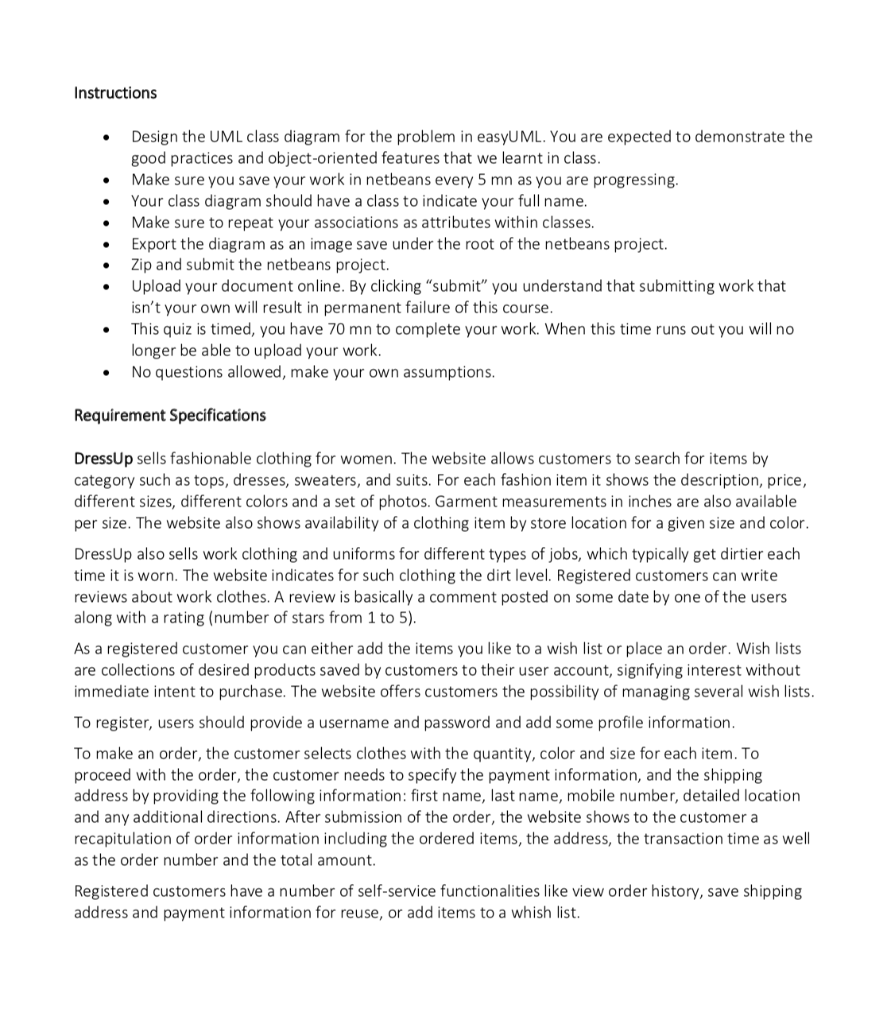  Instructions . Design the UML class diagram for the problem in