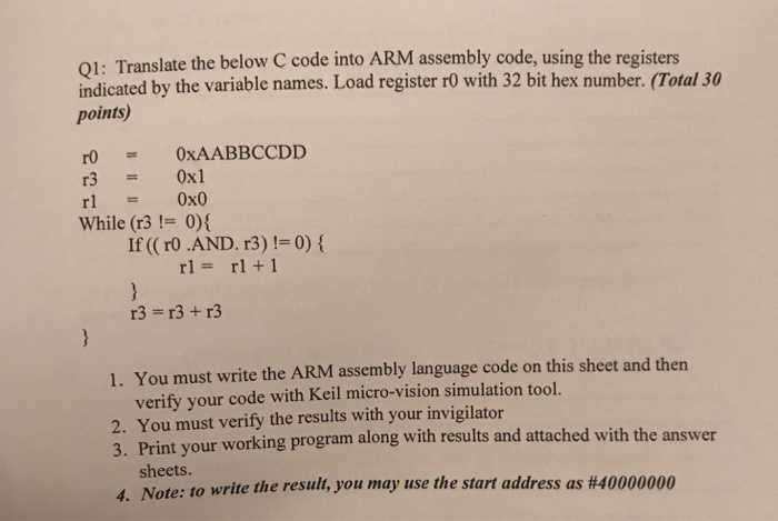  1: Translate the below C code into ARM assembly code, using