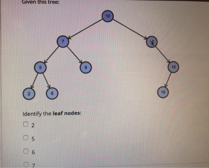  Given this tree: 10 5 18 16 Identify the leaf nodes: