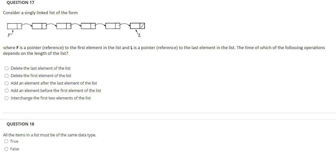 Please answer all the following QUESTION 17 Consider a singly linked list