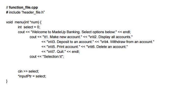 bank accounts. Here, you would create new accounts, deposit to an account,