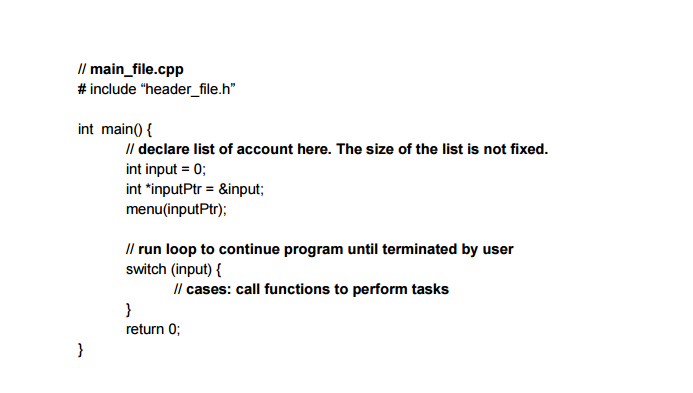 withdraw from an account, delete account, sort the accounts, or do inspection