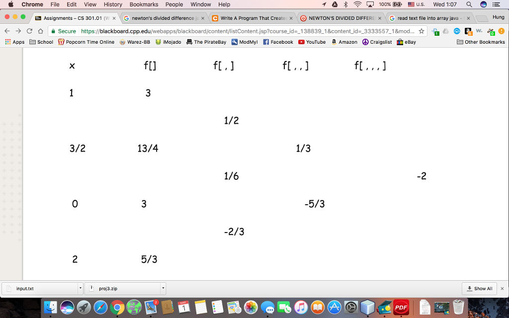 Write a Java program that creates a divided difference table from the