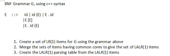 Using the BNF grammar create LR(1) items, merge the sets to make