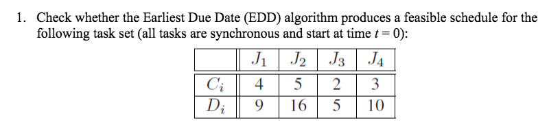  1. Check whether the Earliest Due Date (EDD) algorithm produces a