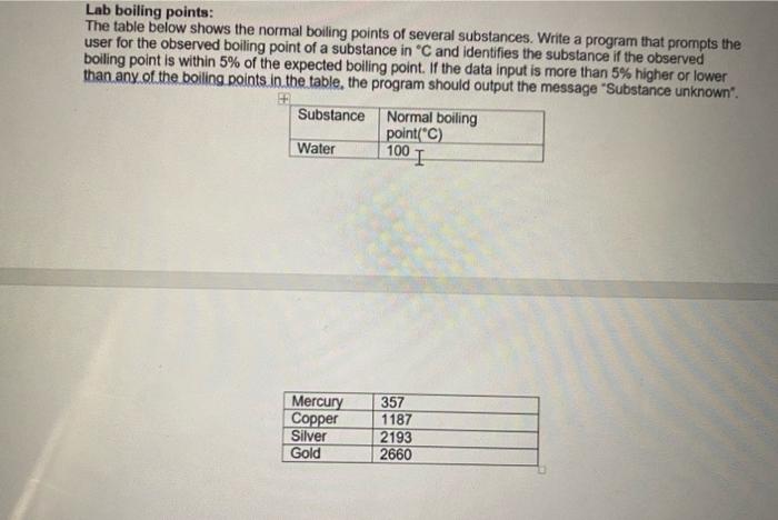  write a python program. Lab boiling points: The table below shows