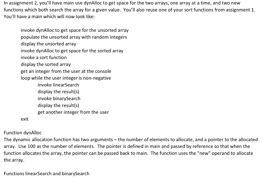  Skeleton for Assignment 2 // dynalloc parms: array size, pointer to