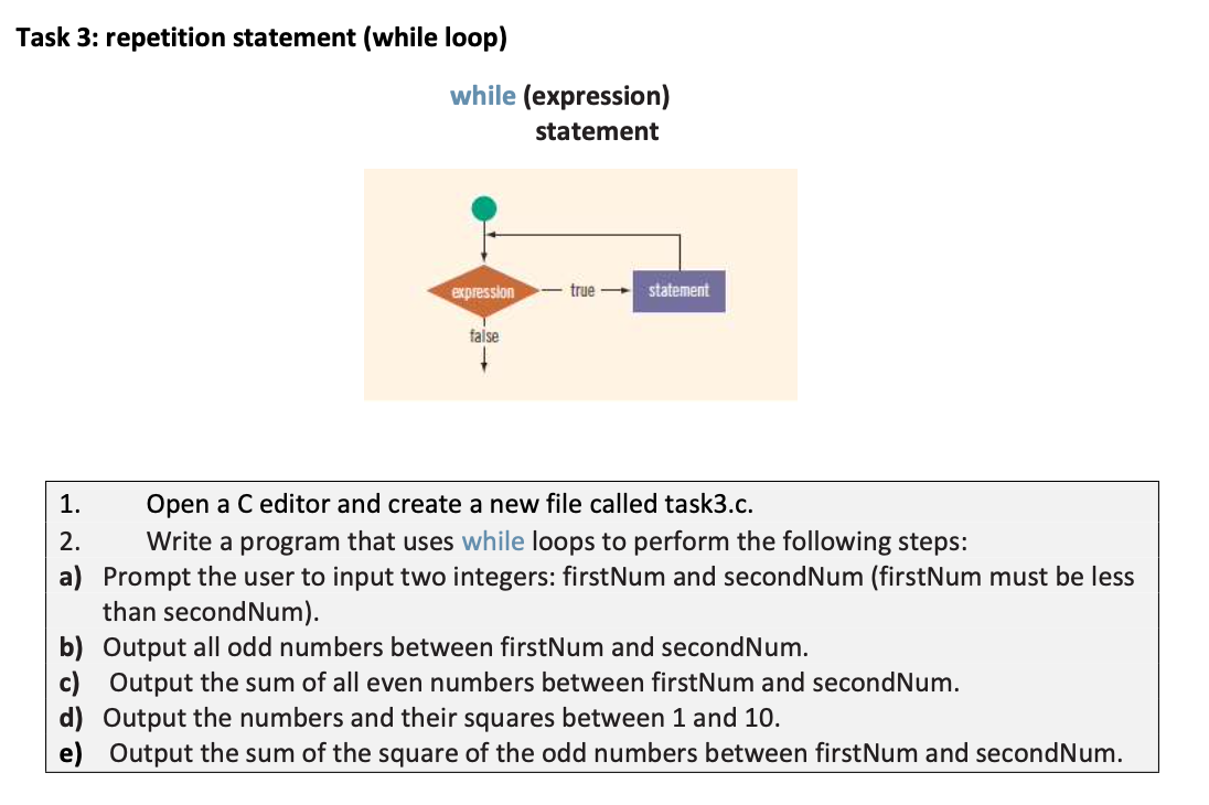  Task 3: repetition statement (while loop) while (expression) statement 1. Open