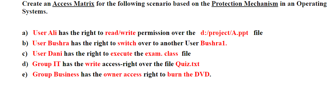 Create an Access Matrix for the following scenario based on the