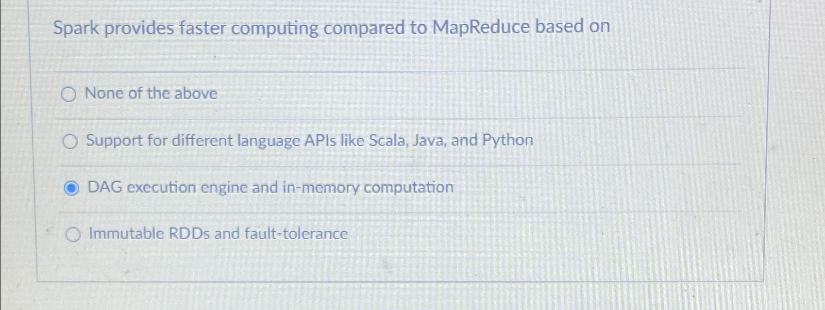  Spark provides faster computing compared to MapReduce based on None of