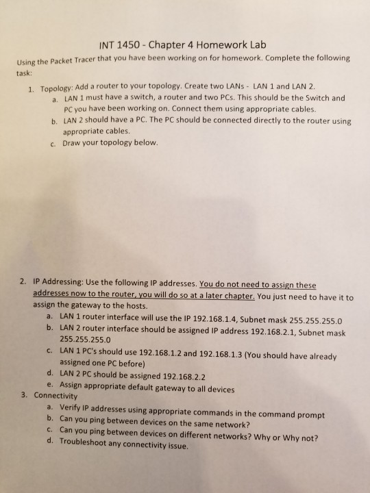 INT 1450-Chapter 4 Homework Lab Using the Packet Tracer that you