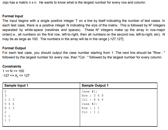 C Programming Language Jojo has a matrix n x n. He wants