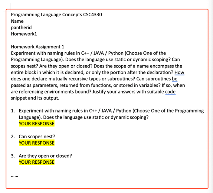  Programming Language Concepts CSC4330 Name pantherid Homework1 Homework Assignment 1 Experiment