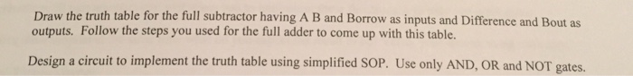  Draw the truth table for the full subtractor having A B