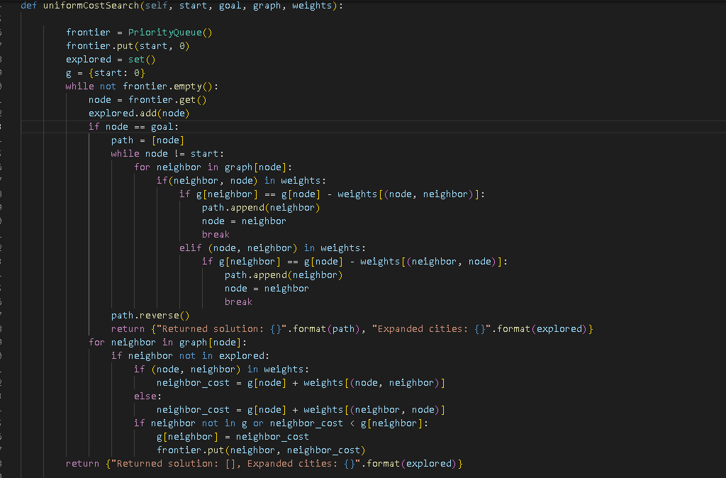 in pprint(search.uniformCostSearch('San Bernardino', 'Los Angeles', graph, weights)) ^^^^^^^^^^^^^^^^^^^^^^^^ AttributeError: 'SearchAlgorithms' object has