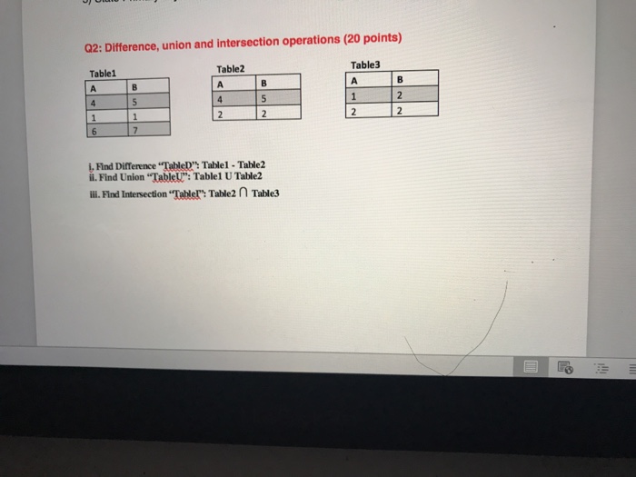  2: Difference, union and intersection operations (20 points) Table1 Table3 Table2