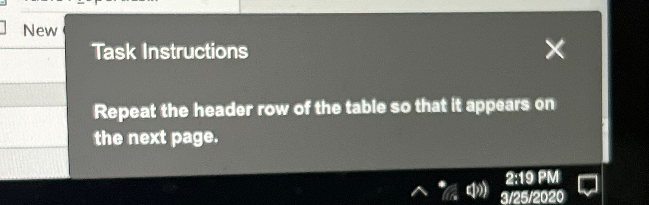  New Task Instructions Repeat the header row of the table so