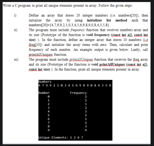  Write a C program to print all unique elements present in