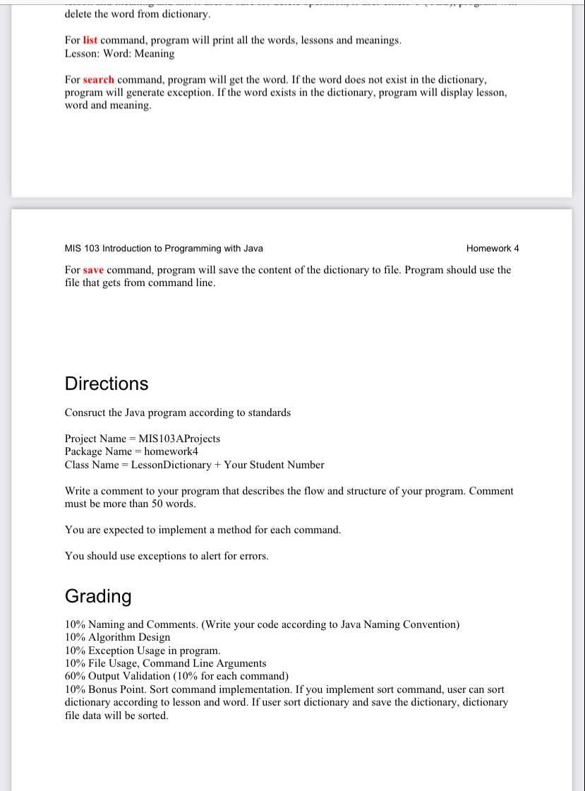  delete the word from dictionary. For list command, program will print