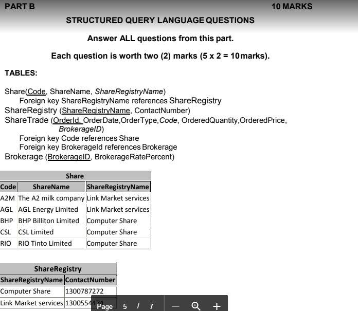 Write SQL Query. PART B 10 MARKS STRUCTURED QUERY LANGUAGE QUESTIONS Answer