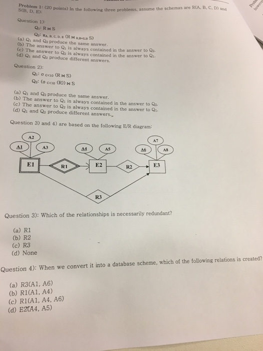  Database question Problem 1: (20 points) In the S(B, D, E):