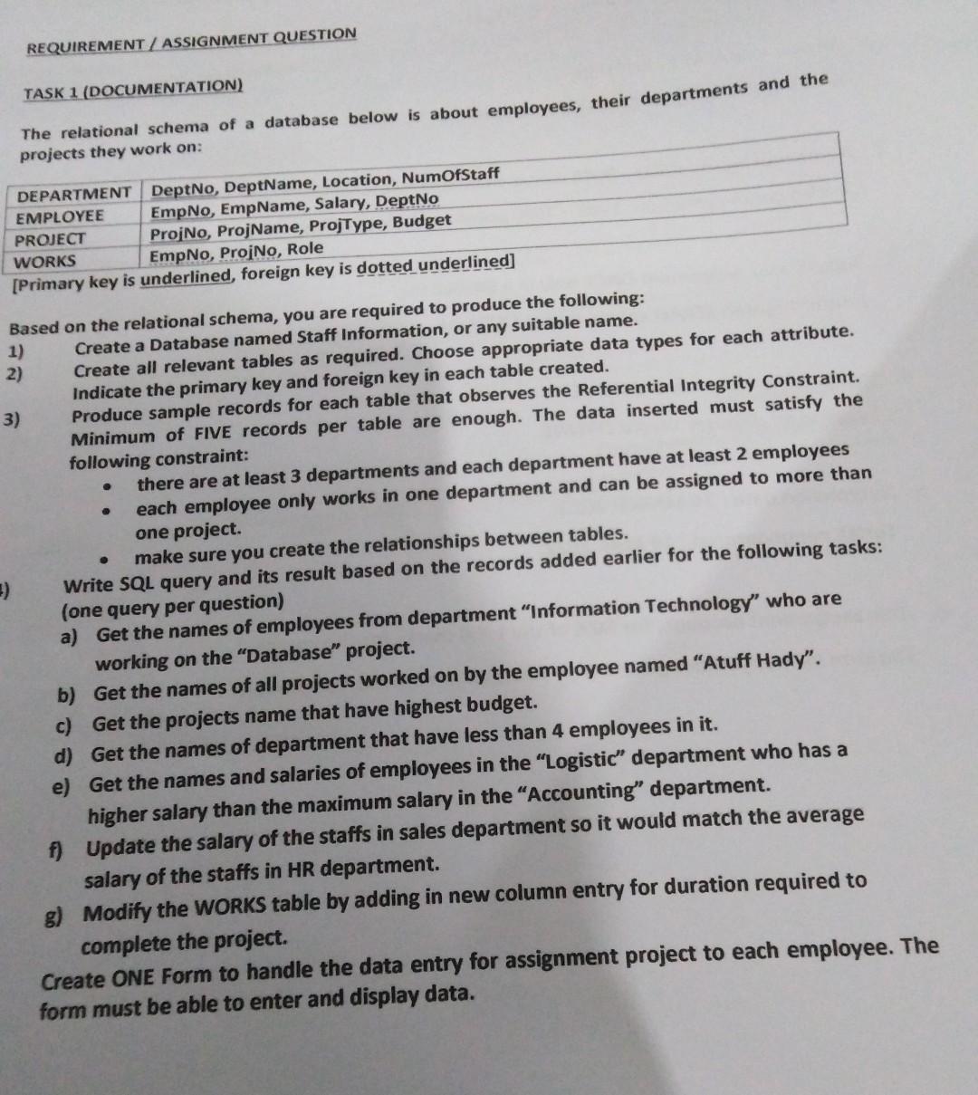  REQUIREMENT/ ASSIGNMENT QUESTION TASK 1 (DOCUMENTATION) The relational schema of a