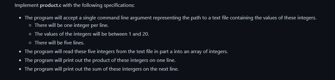  Implement product.c with the following specifications: The program will accept a