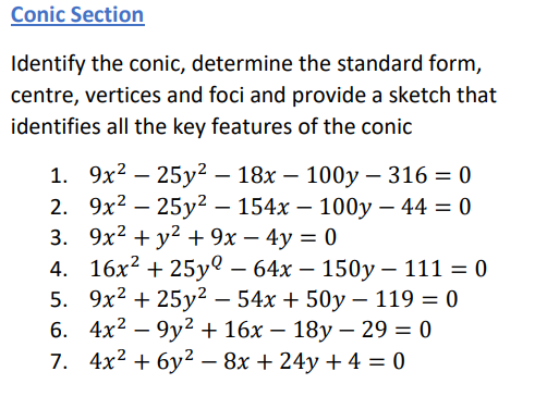 Conic Section\ Identify the conic, determine the standard form,\ centre, vertices
