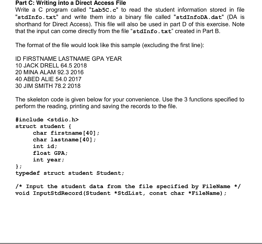 In c programming F Part C: writing into a Direct Access File