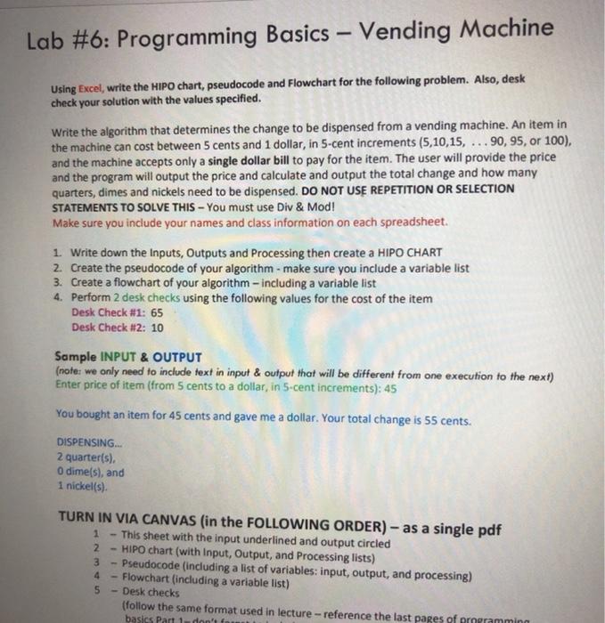  Lab #6: Programming Basics - Vending Machine Using Excel, write the