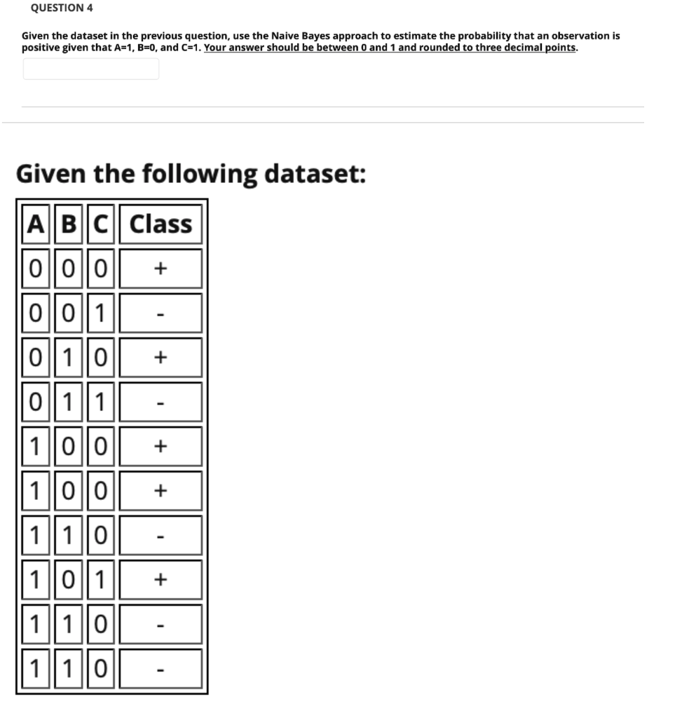 QUESTION 4 Given the dataset in the previous question, use the