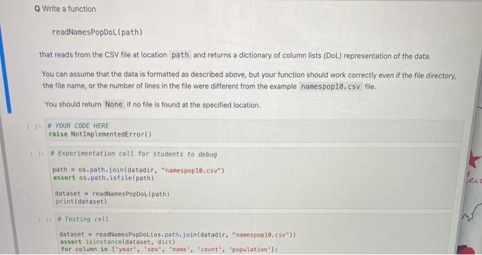  Q Write a function readNames PopDoL(path) that reads from the CSV