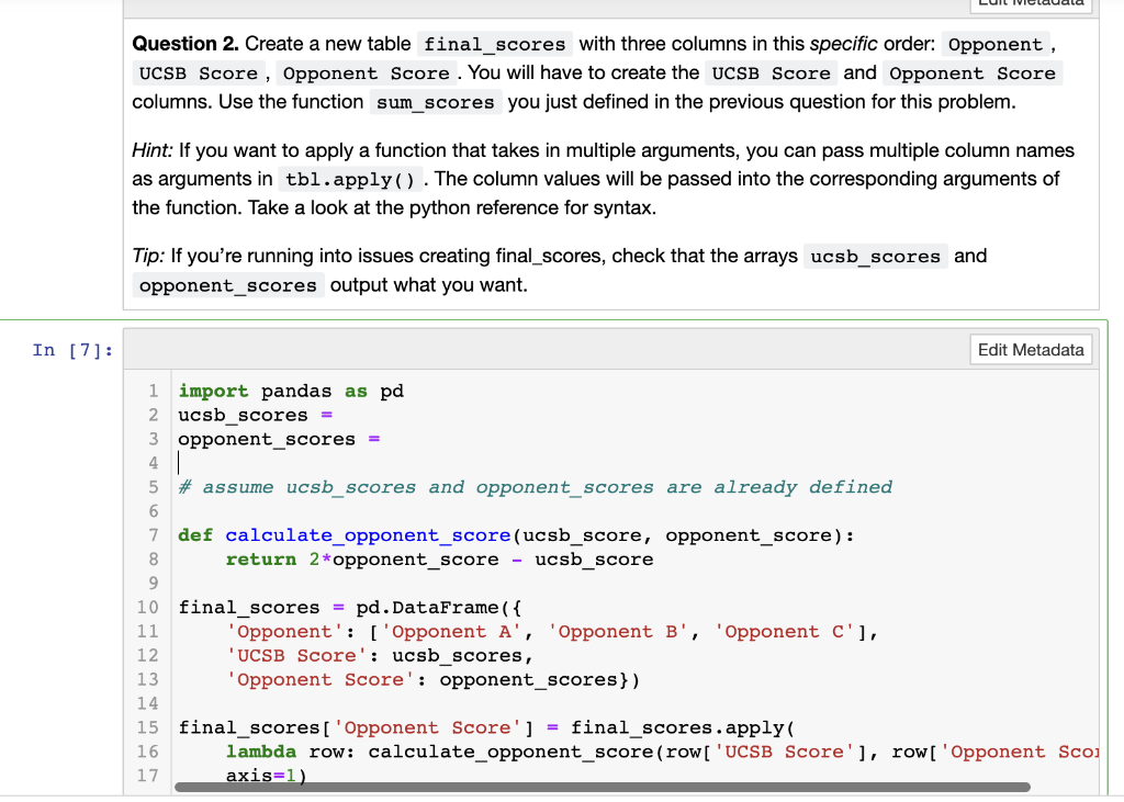 Define ucsb and apponent scored for question 2 based on the table
