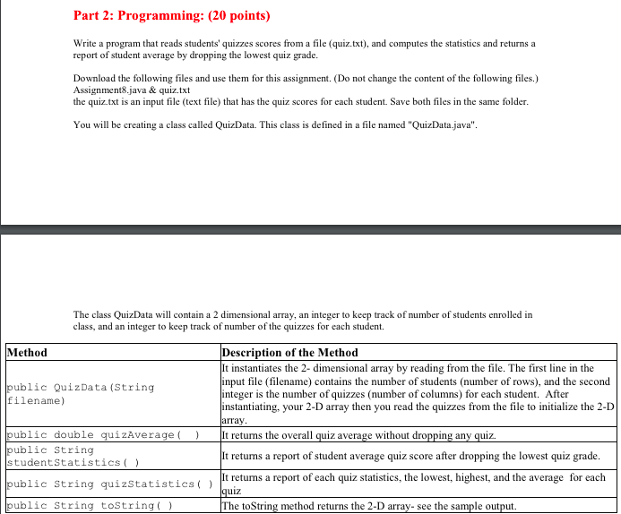 Write a program that reads students' quizzes scores from a file (quiz.txt),