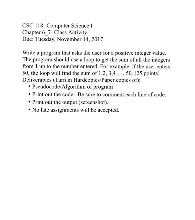  CSC 118- Computer Science I Chapter 6_7- Class Activity Due: Tuesday,