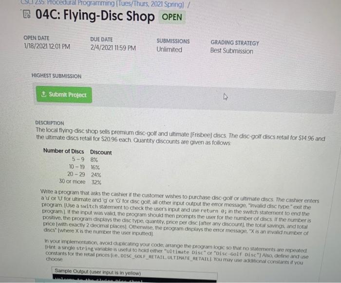  make it simple CSL255Procedural Programming (Tues/Thurs, 2021 Springl / 04C: Flying-Disc