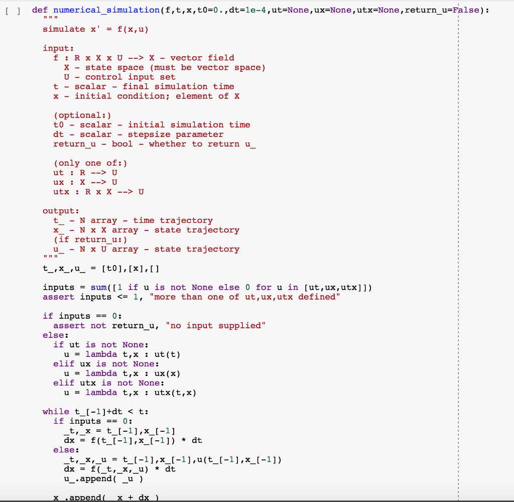  I def numerical_simulation (f,t,x,t0-0.,dt-le-4,ut-None, ux-None,utx-None, return u-False) simulate x' - f(x,u)
