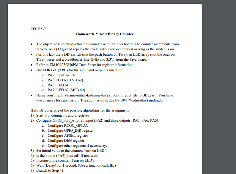  We are using a TM4C123G launchpad EECE237 Homework 2: 3-bit Binary