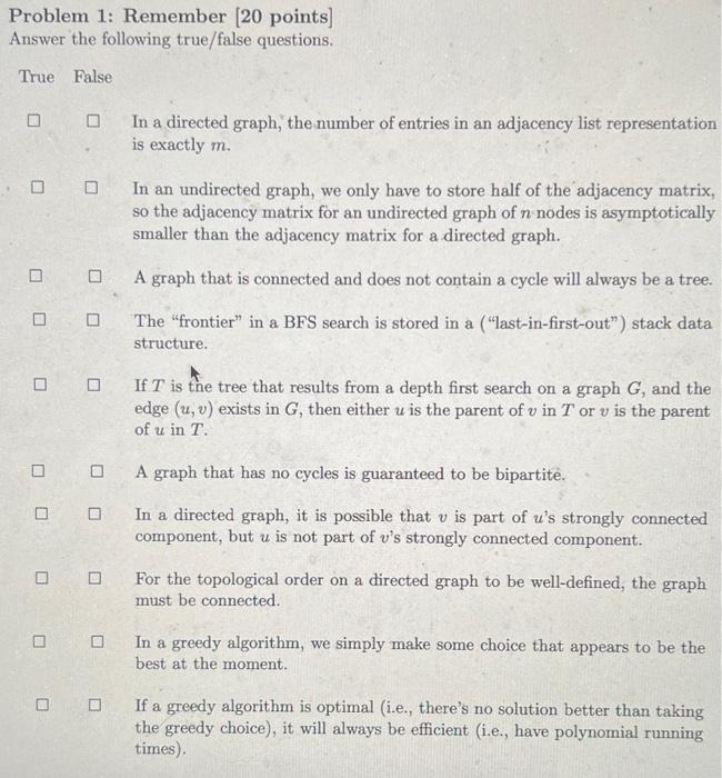  Problem 1: Remember [20 points] Answer the following true/false questions. True