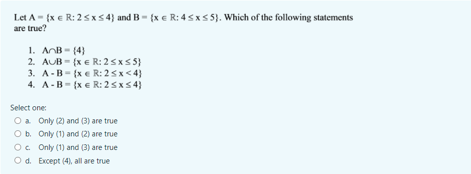 3). Which of the following statement is true? 1. P(A) = {0,