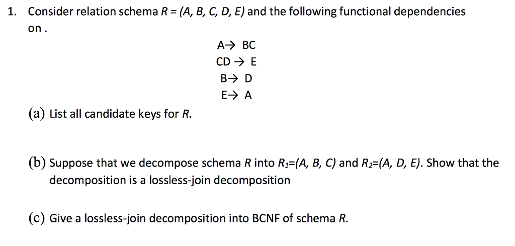  1. Consider relation schema R = (A, B, C, D, E)