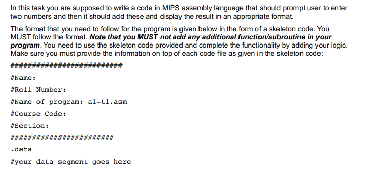 Using Mips In this task you are supposed to write a code