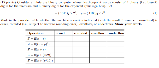  (15 points) Consider a miniature binary computer whose floating-point words consist