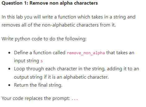  IN PYTHON! Question 1: Remove non alpha characters In this lab