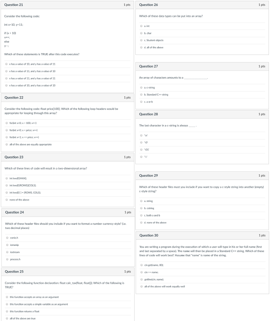 C++ multiple choice questions for study guide. Need help so I can