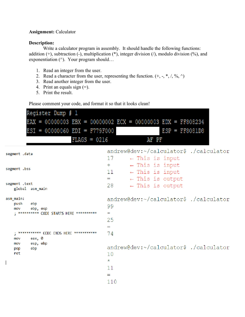 Please show working code, and/or output if possible. I included the registers